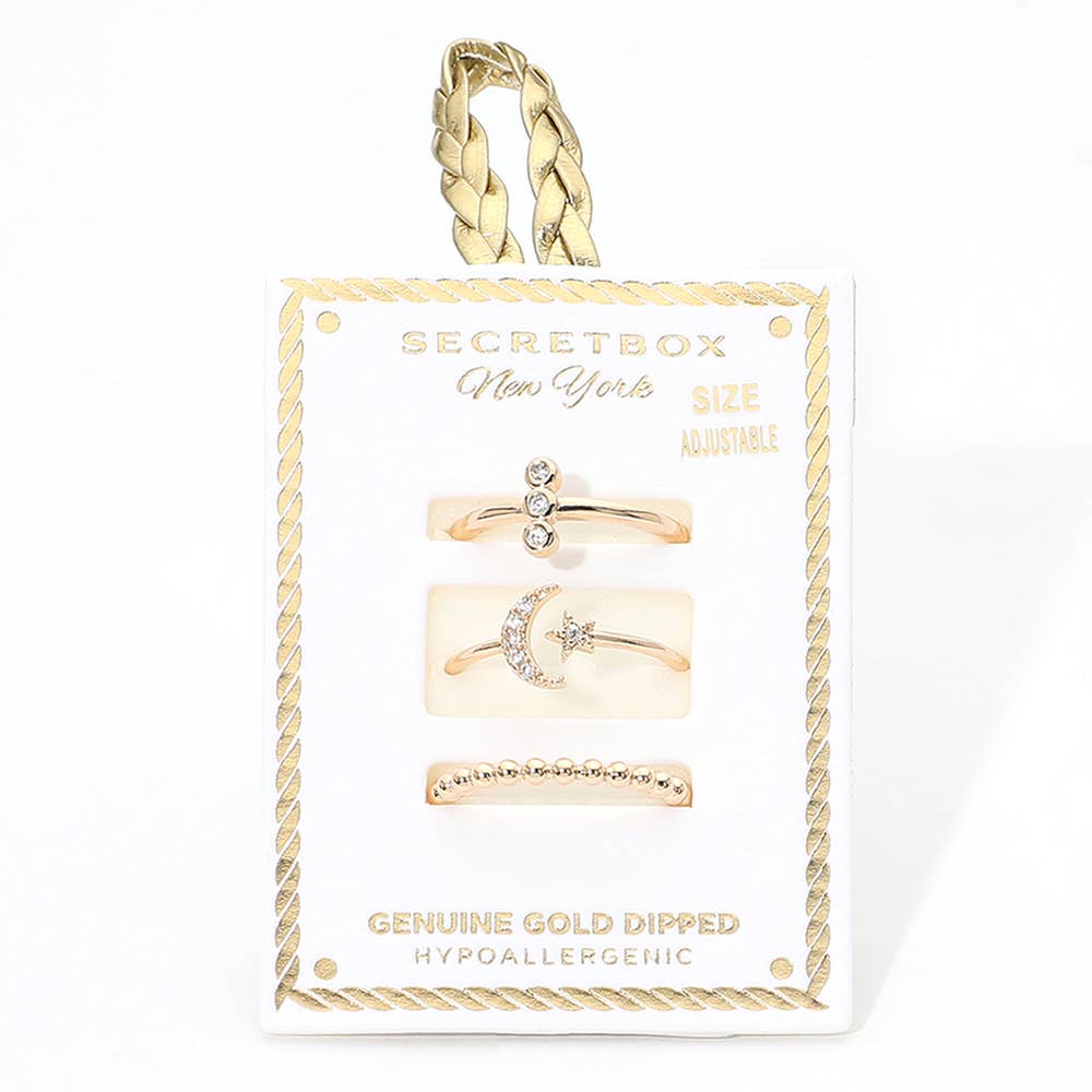 Genuine Gold Dipped Stone Pave Crescent Moon Star Beaded Stackable Ring Set