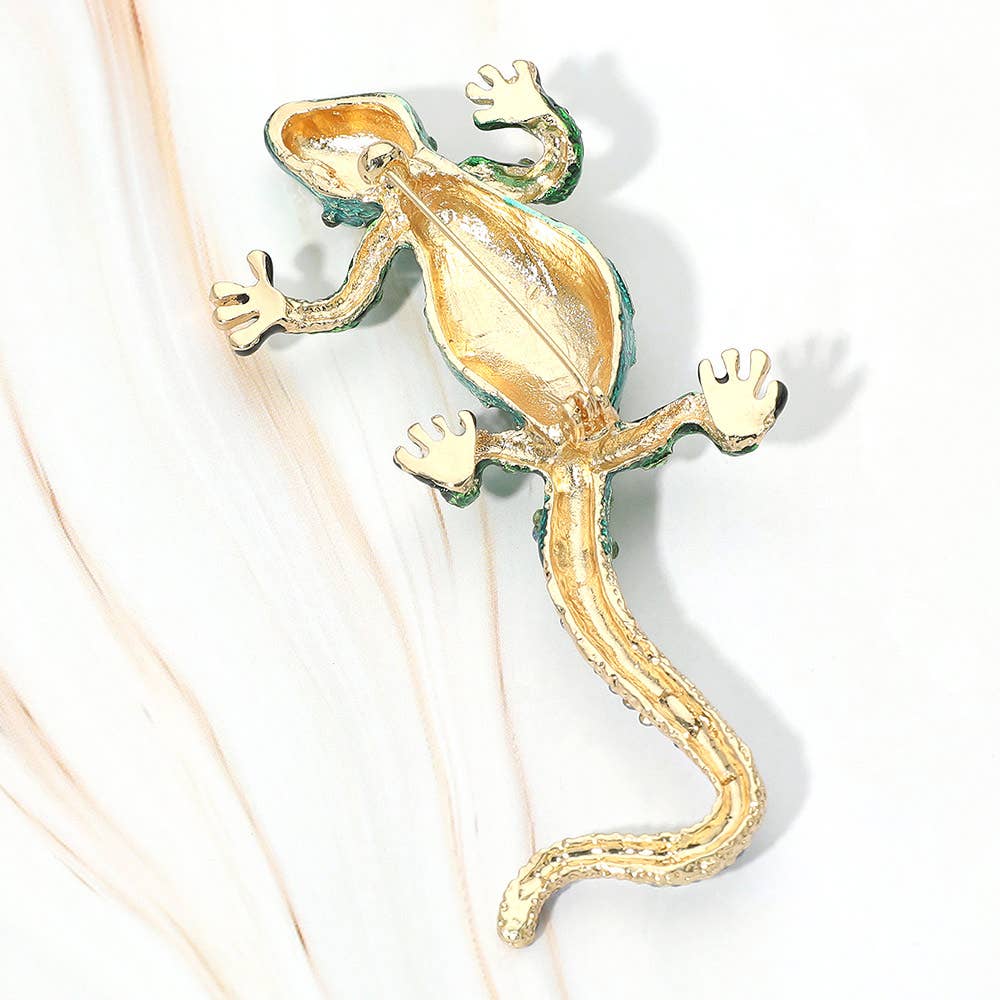 Rhinestone Embellished Enamel Lizard Statement Pin Brooch