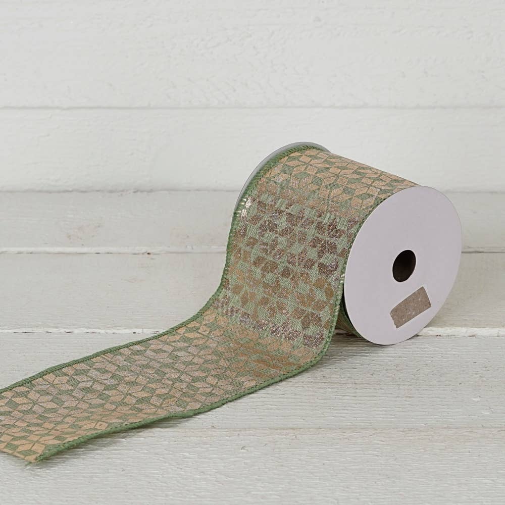 Wired Ribbon-Sage Green w. golden hexagon (4inW)