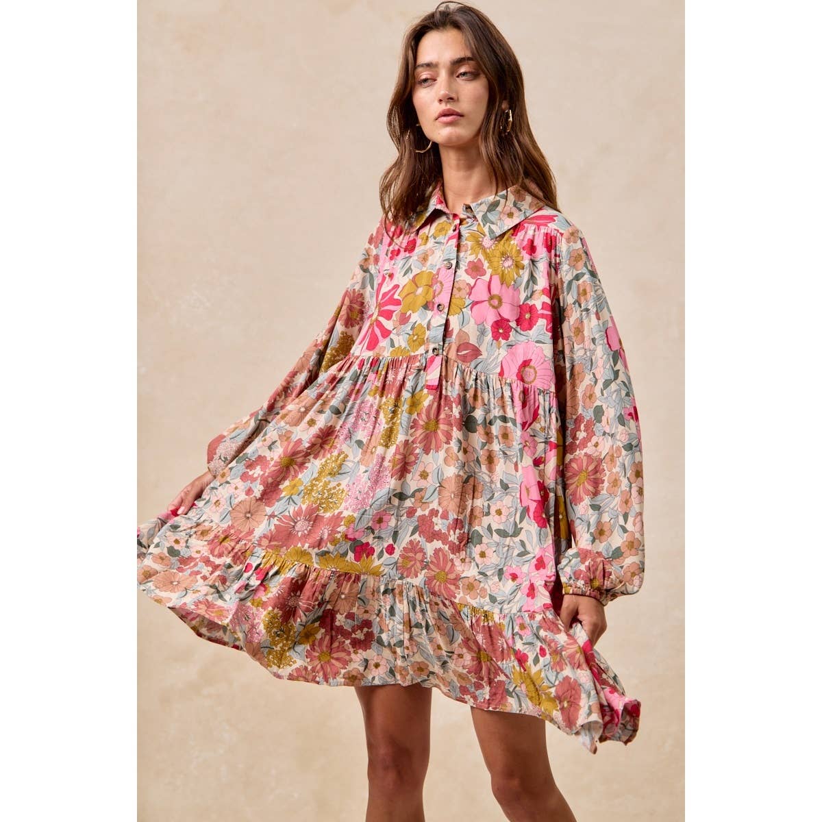 FLORAL PRINT SHIRRING BUTTONED TIERED SHIRT DRESS