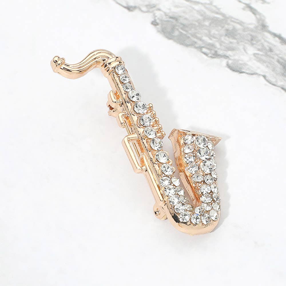 Rhinestone Pave Saxophone Pin Brooch