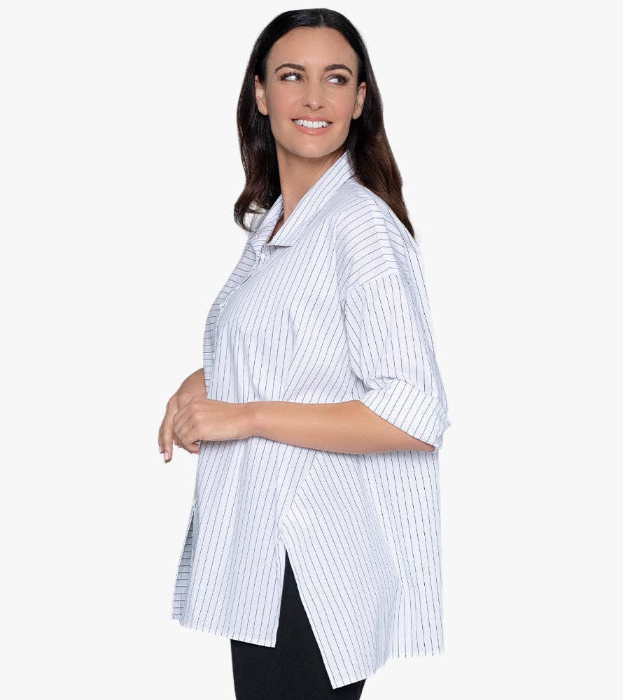Women's Oversized Stripe Button-Front Top Attitude Shirt: L/XL / BLACK YARN DYE STRIPE