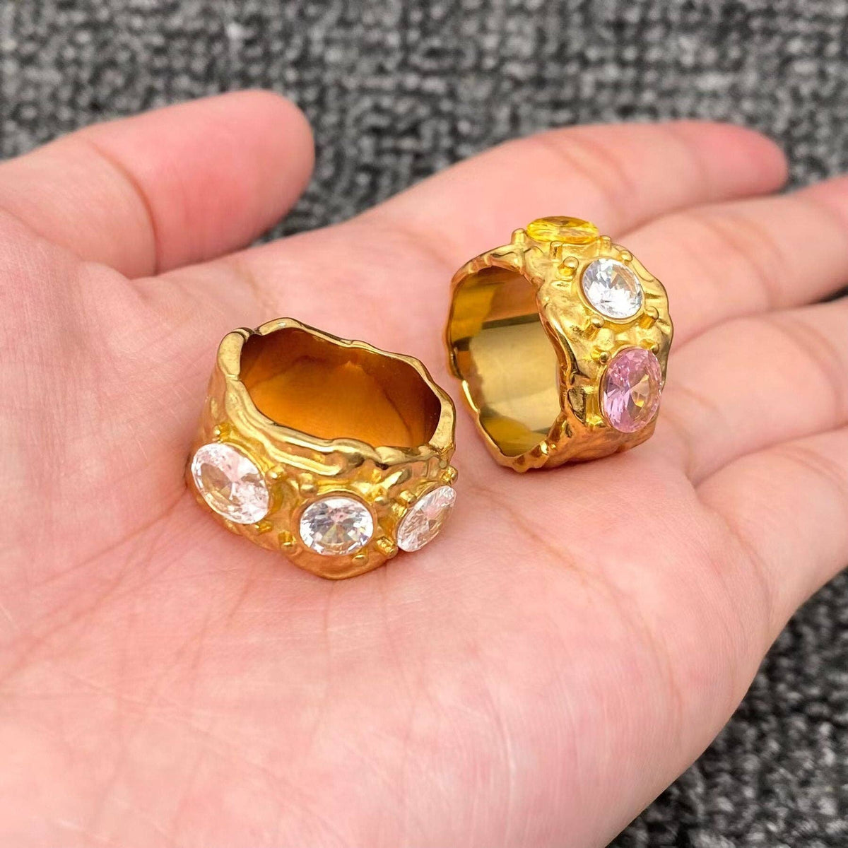 Inlaid Zircon 18K Gold Plated S.Steel Irregular Texture Ring