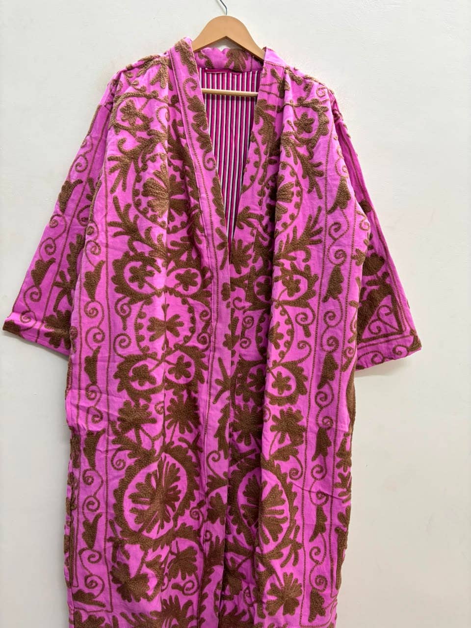 The Orchid Vine — Suzani Embroidered Cotton Jacket — Fuchsia Pink & Umber Brown