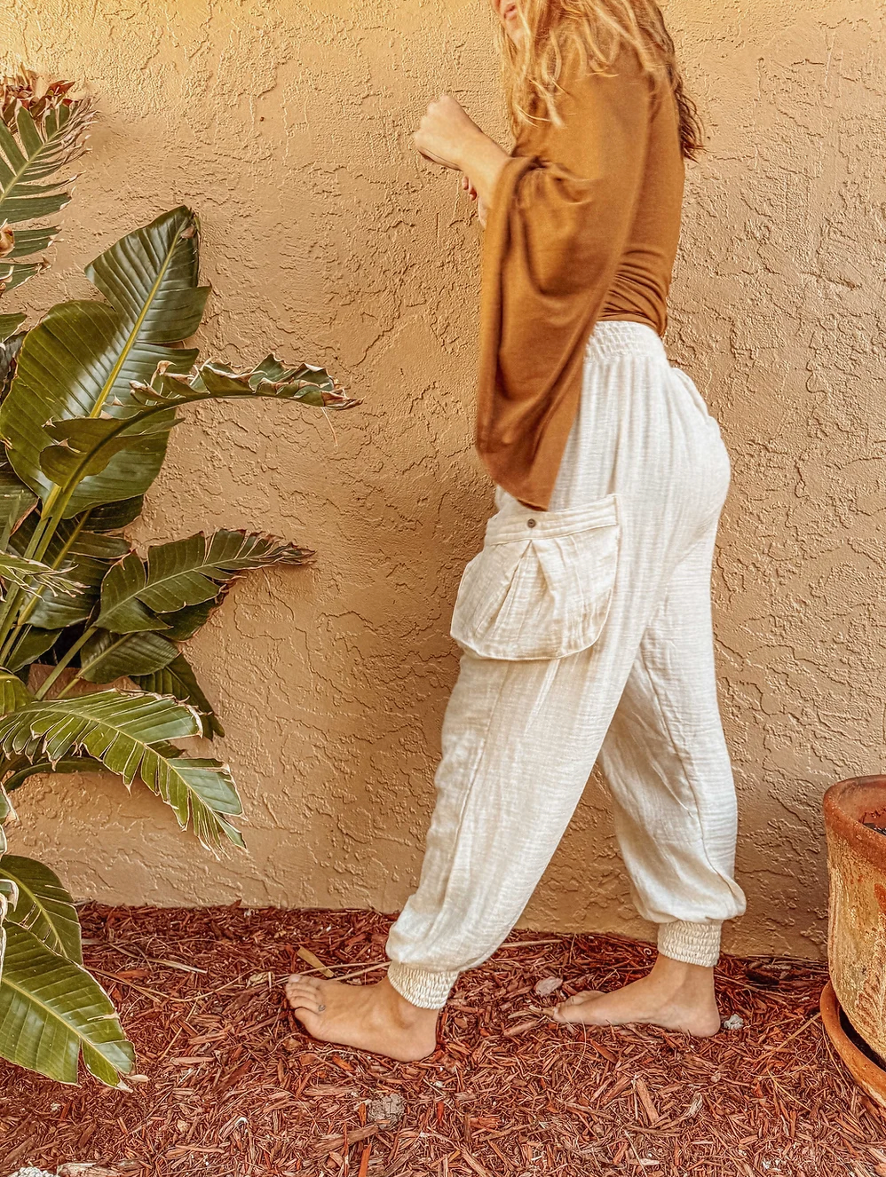 Organic Cotton Bamboo Beachy Boho Joggers, Hippie Pants: White Undyed