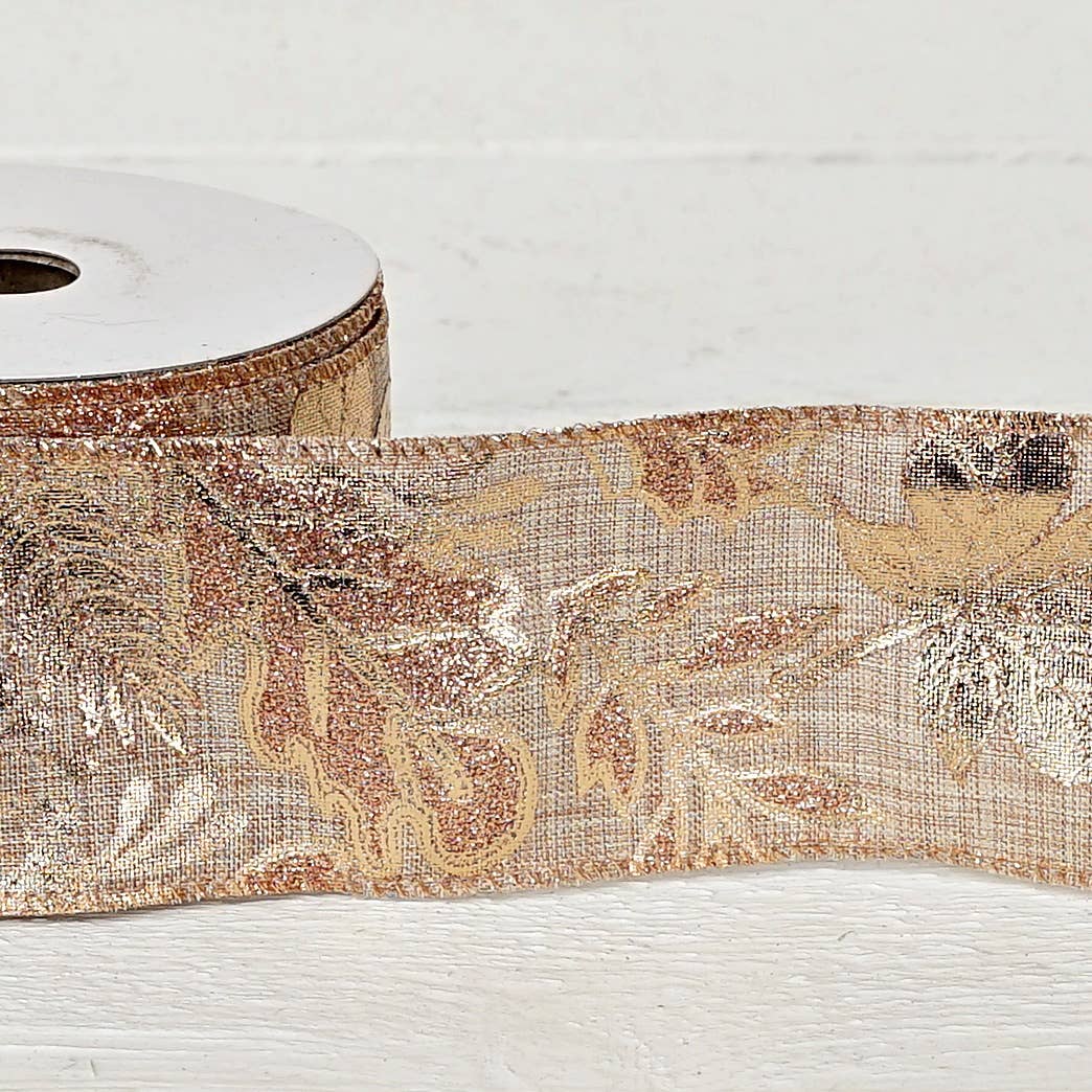 Wired Ribbon-Burlap-Metallic golden leaves (2.5inW)