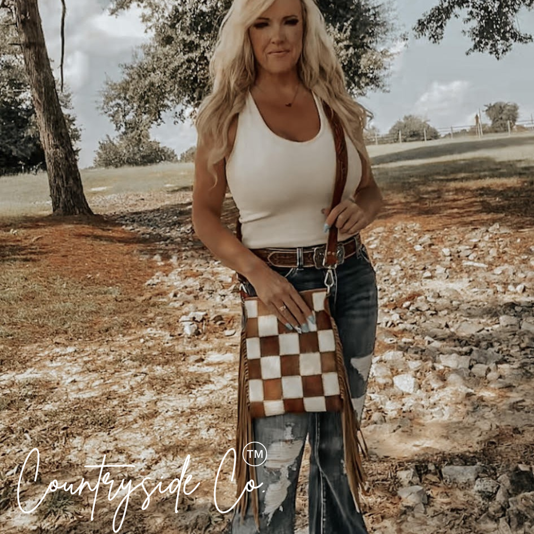 Stockdale Checkered Cowhide Fringe Purse, Brown &amp; White