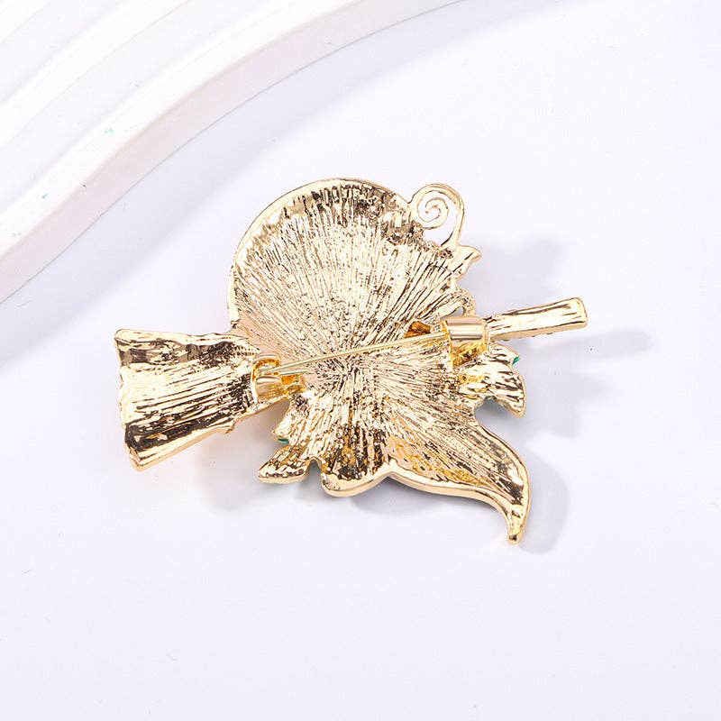 Halloween Pumpkin Witch Floral Playful Rhinestone Brooch