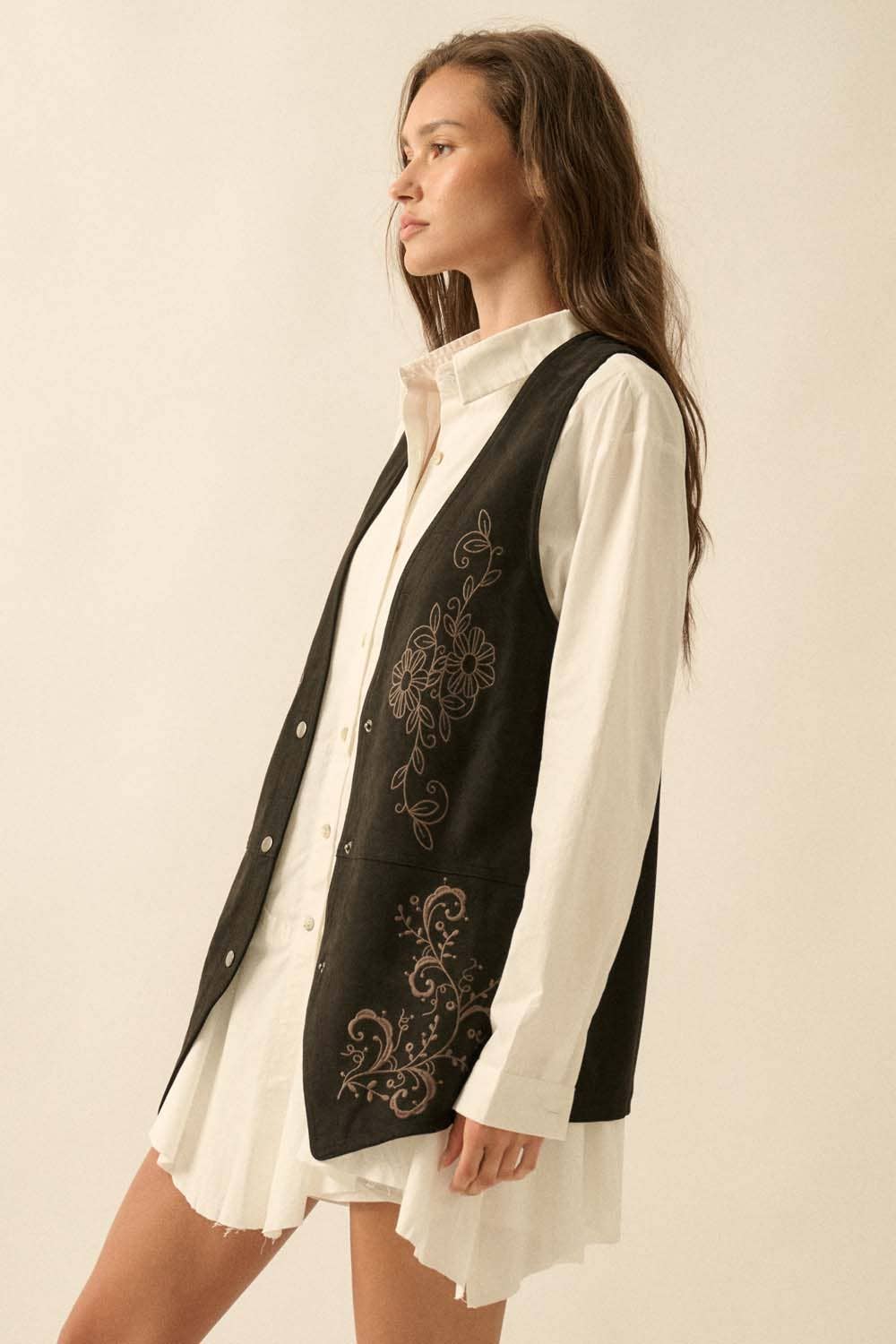 Floral-Embroidered Faux Suede Snap-Front Vest