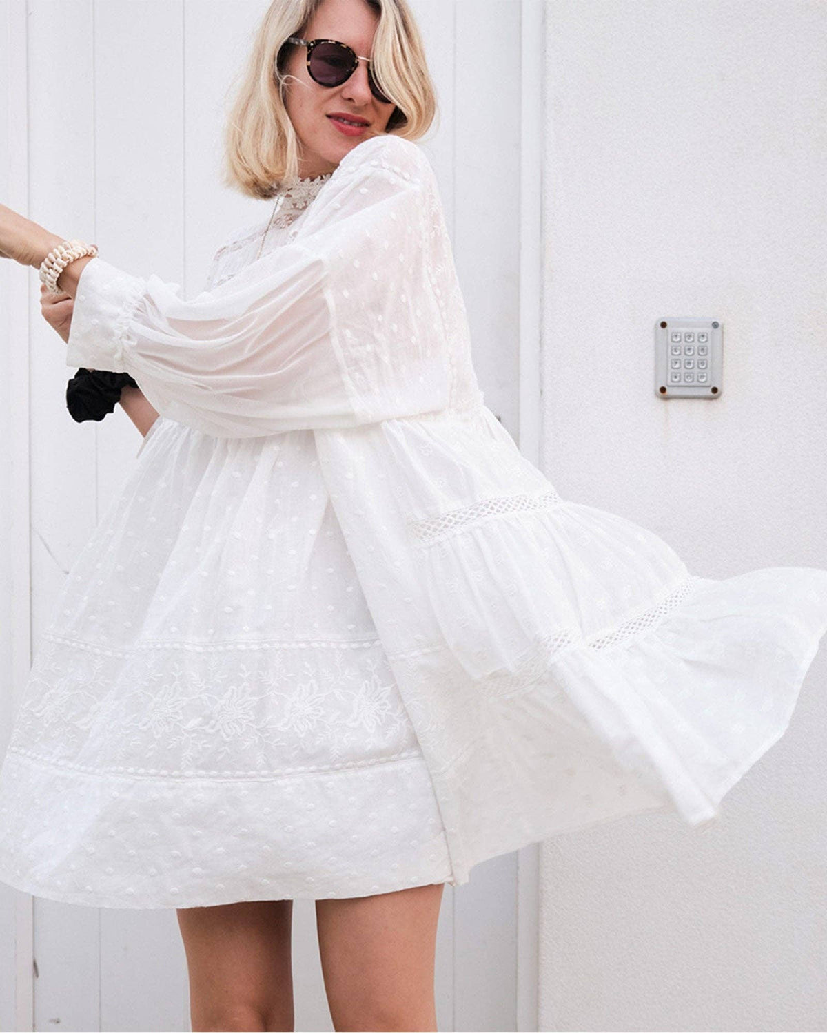 Unforgettable Oversized Lace Mini Dress - White: XS-S