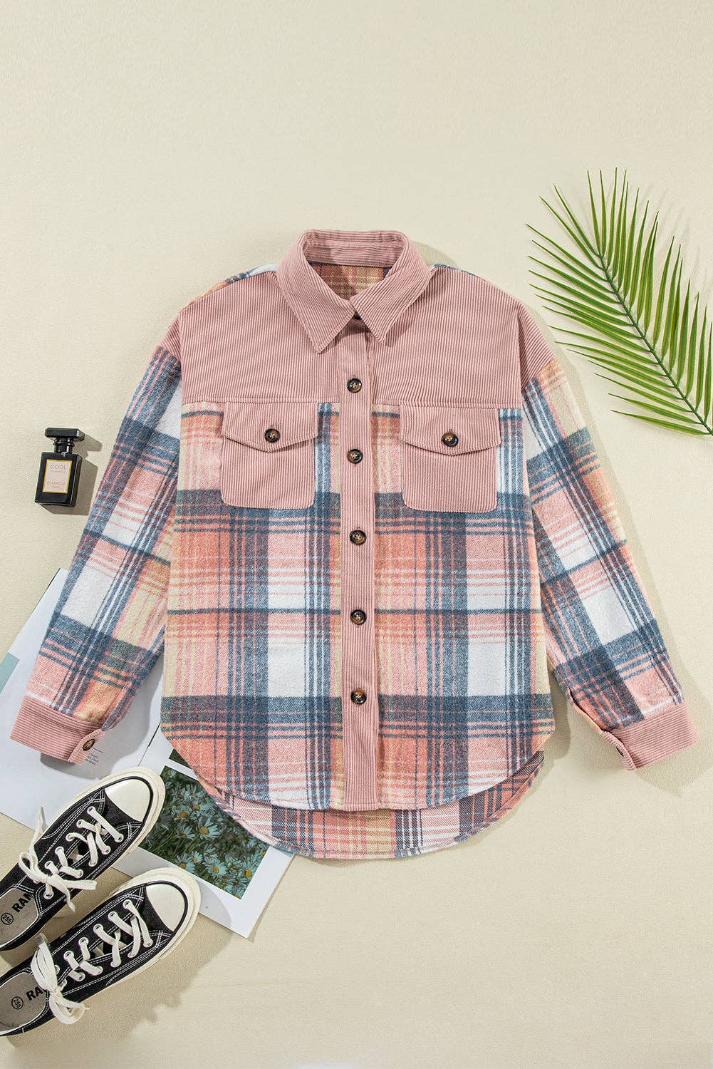 Plaid Corduroy Patchwork Chest Pocket Shacket: Light Pink