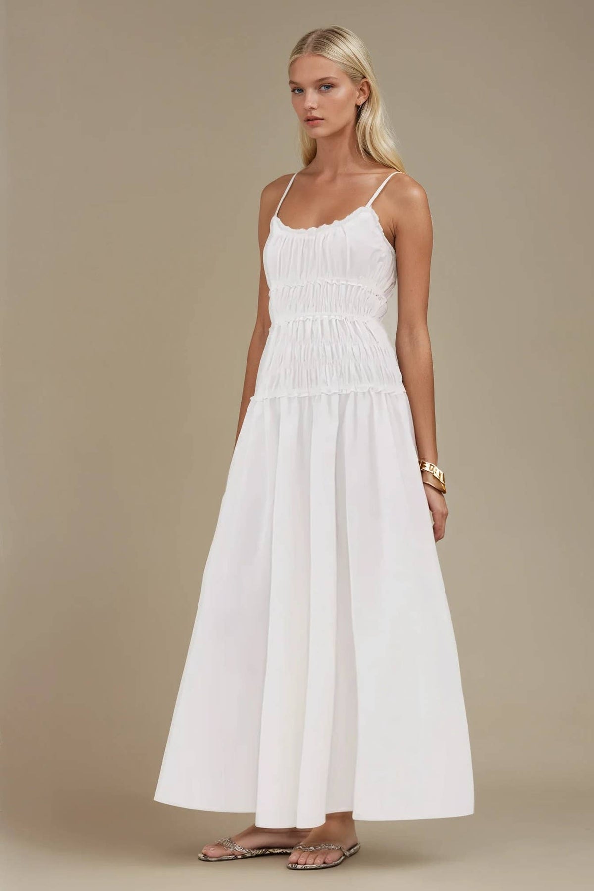 WHITE SMOCKED MAXI COTTON DRESS W3190DIA