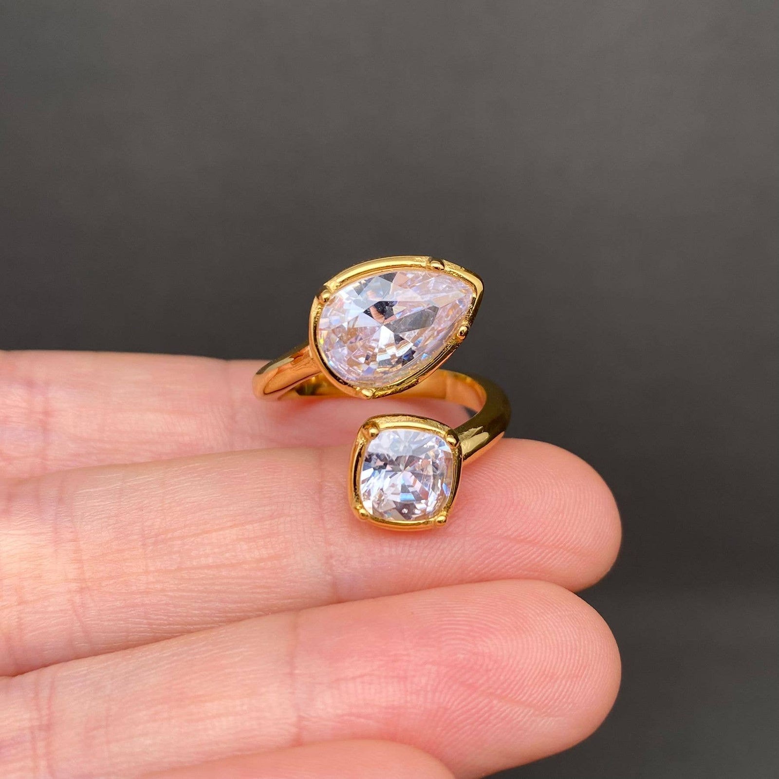 Double Zircon 18K Gold Plated Stainless Steel Ring - FGS