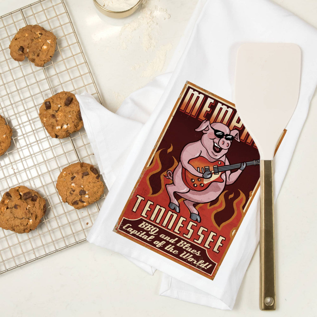 ORGANIC TEA TOWEL Memphis, Tennesseee, Guitar Pig