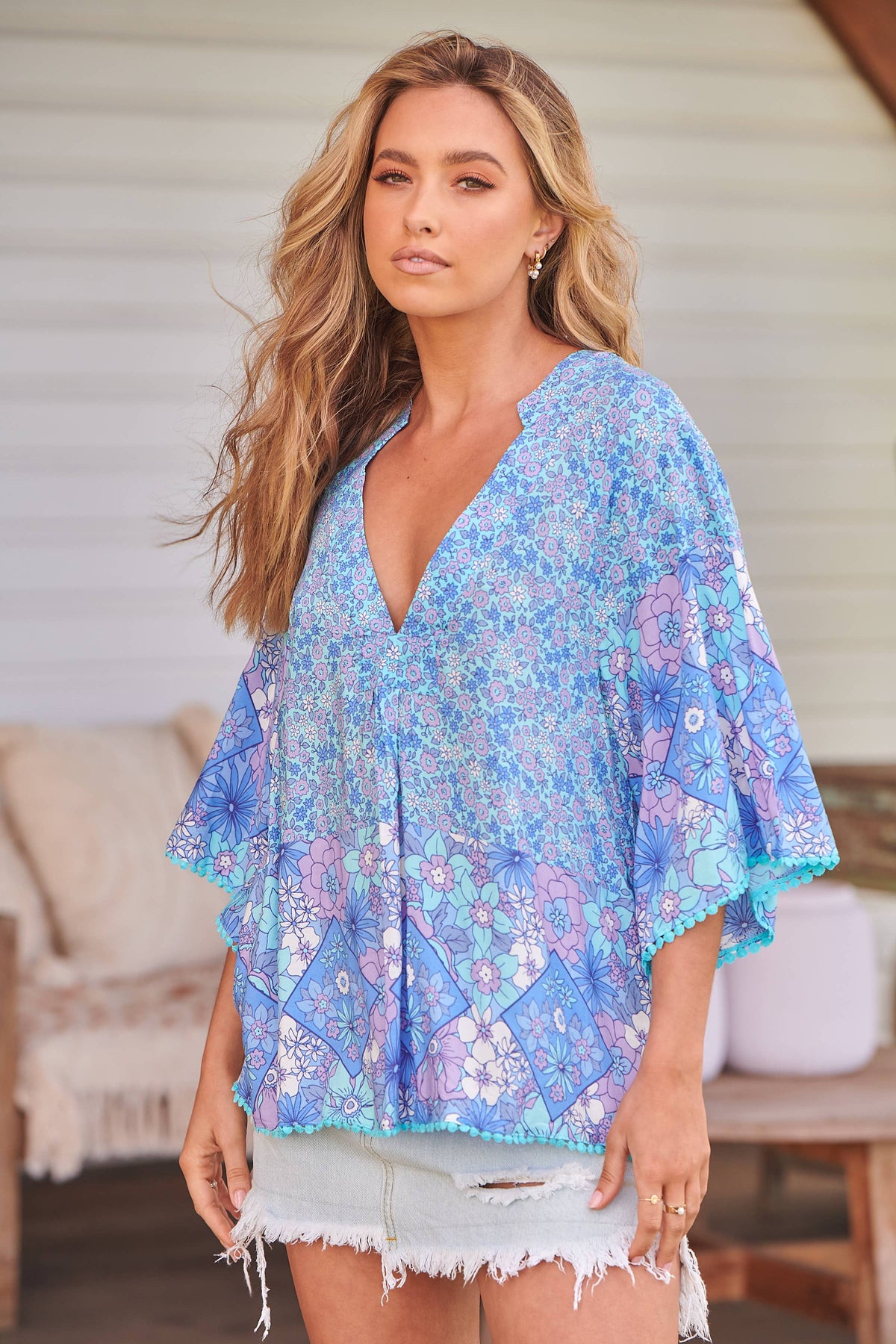 BLUE POMPEII PRINT GABRIELLA TOP: