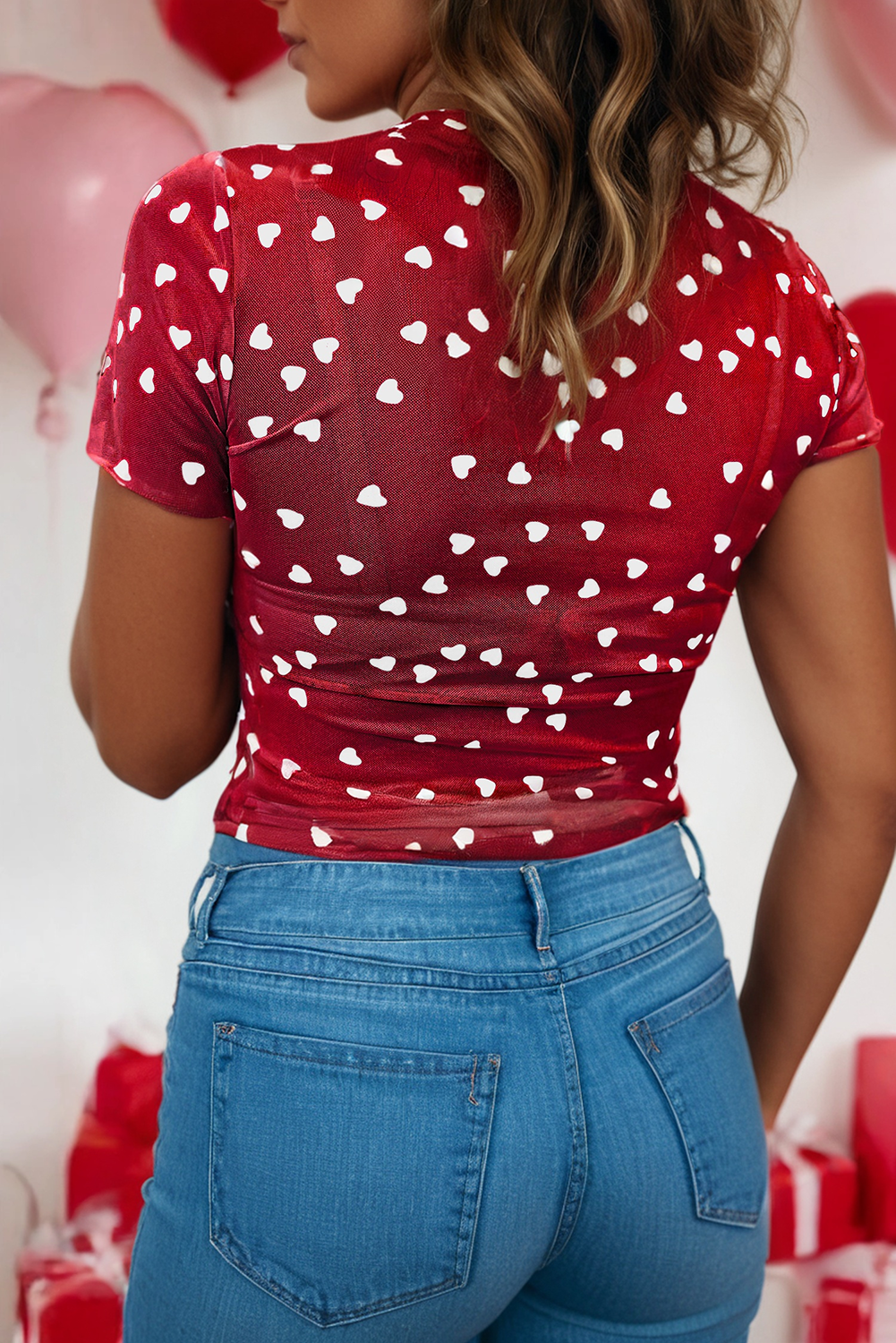 Valentine Heart Print Mock Neck Mesh Top
