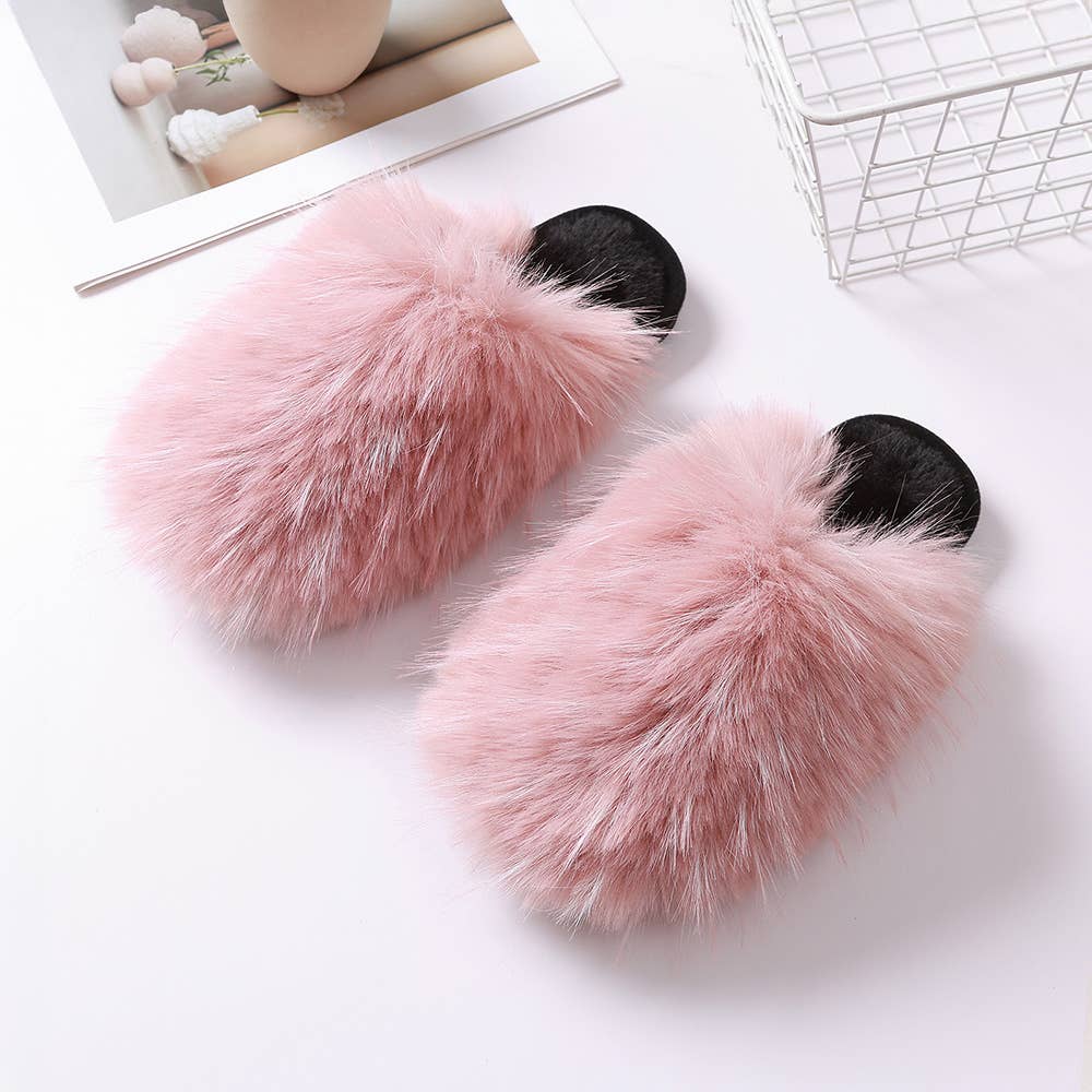 Pink Fluffy Faux Fur Indoor Floor Slippers: Large