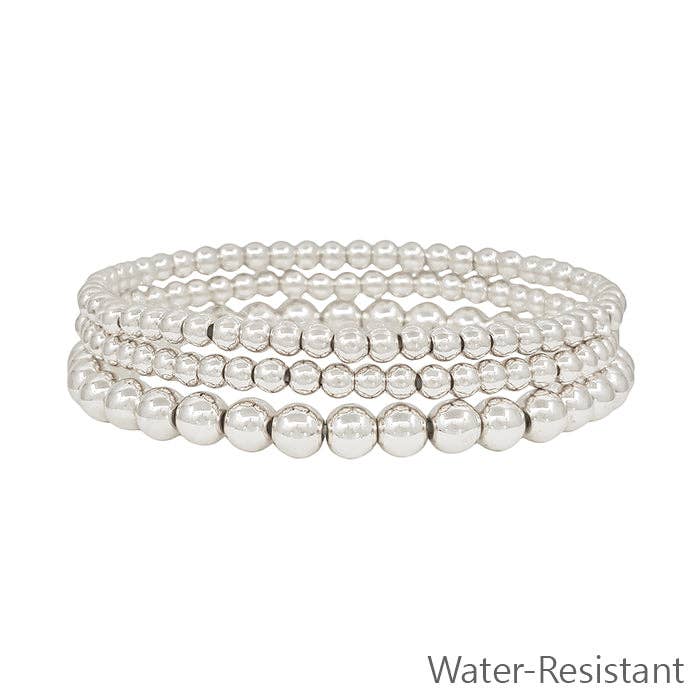 Water Resistant Silver Graduated Beaded Set of 3 Stretch Bracelets