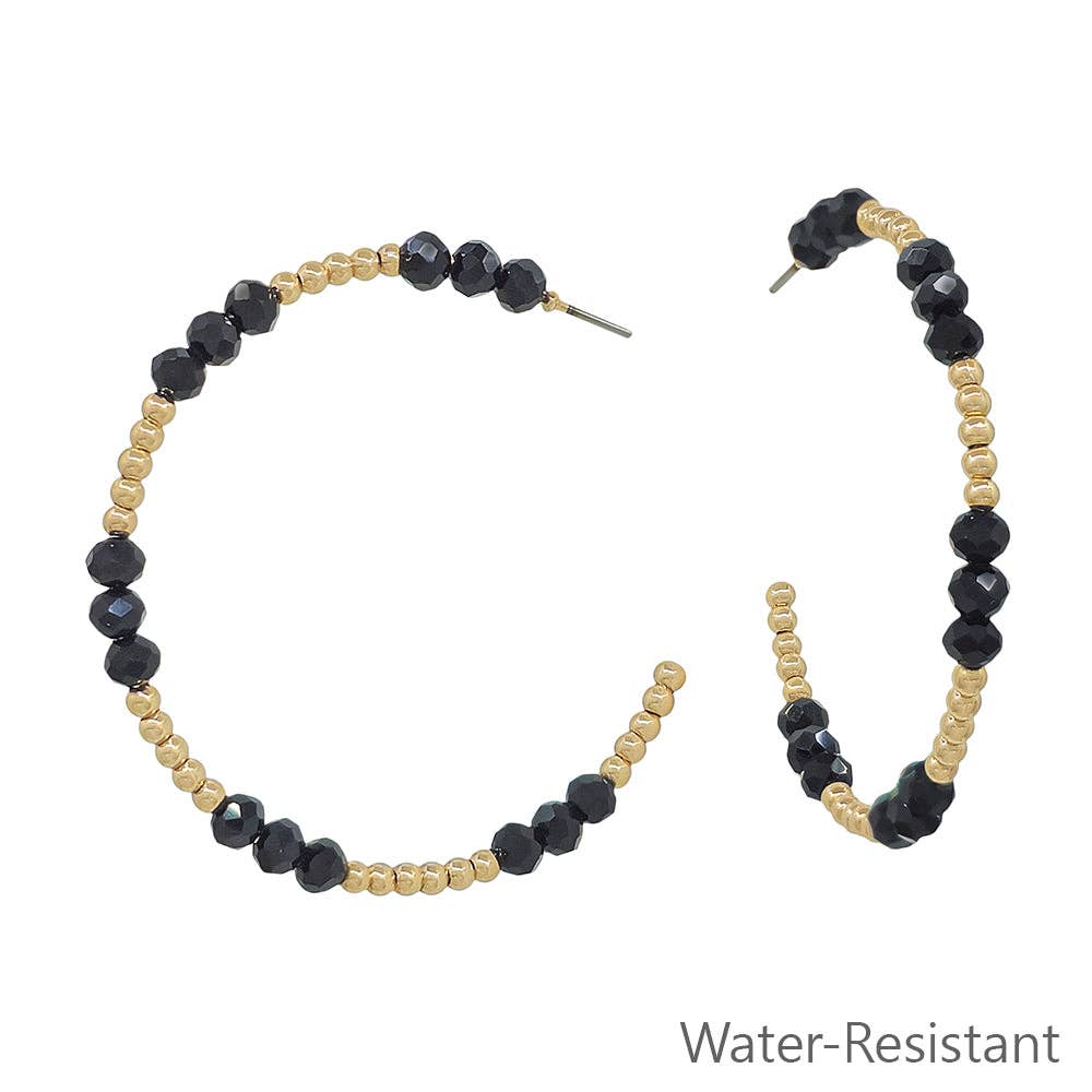 Gold Beaded with Black Crystals 2" Hoop Earring