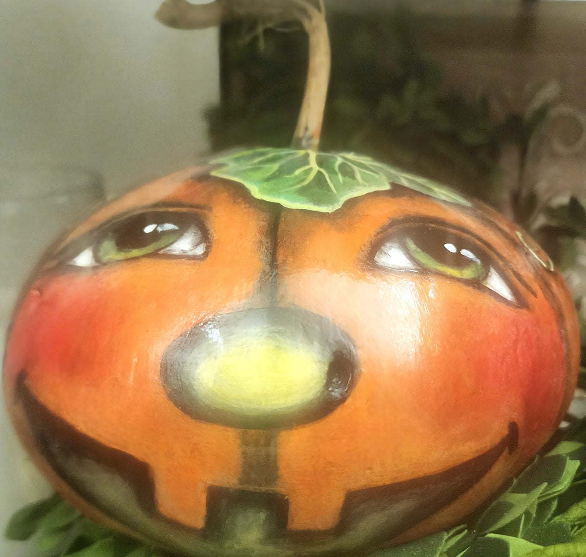 Pumpkin gourds, 6-7" dia.. gourd painted by DJ Kelly, Memphis Artist