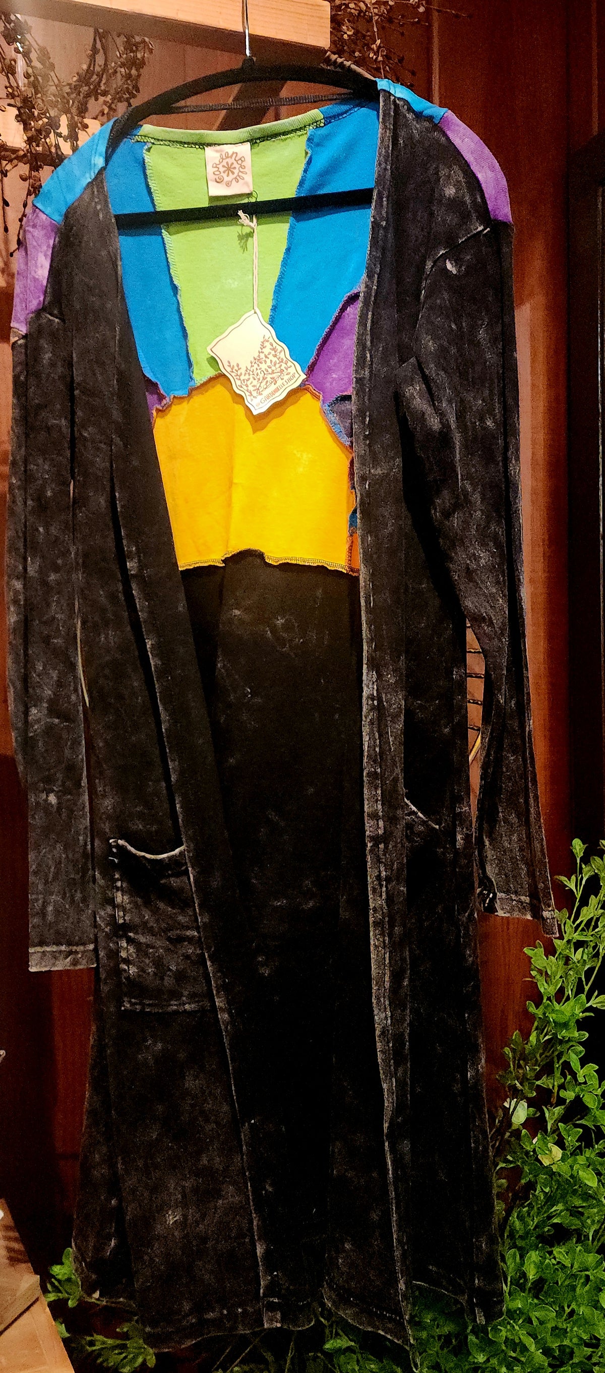 Sun Ray Cardigan, Cotton Earthy Hippie Boho Style Duster: Black / Mixed color on back
