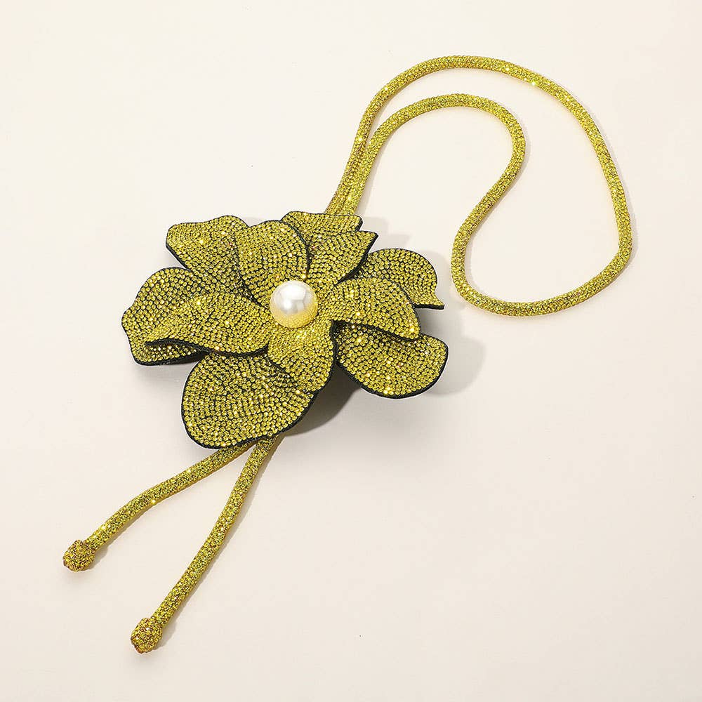 Pearl Centered Bling Studded Flower Pointed Bolo Tie Necklace