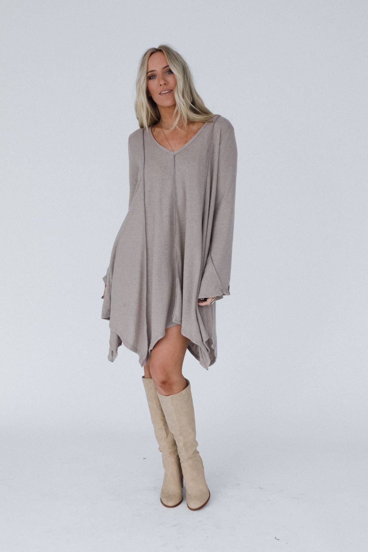 Golden Hour Long Bell Sleeve Tunic Dress - Latte