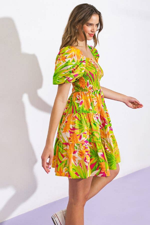 Mini Dress with Tropical Print / FUCHSIA LIME / Contemporary
