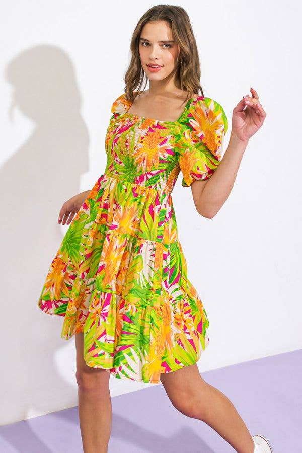 Mini Dress with Tropical Print / FUCHSIA LIME / Contemporary