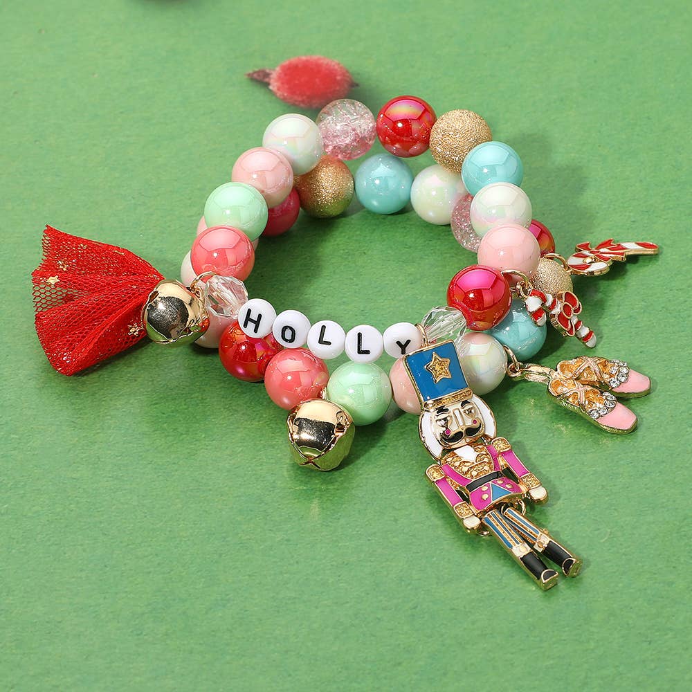 2PCS - HOLLY Nutcracker Holiday Charm Bow Beaded Stretch Multi Layered Bracelets