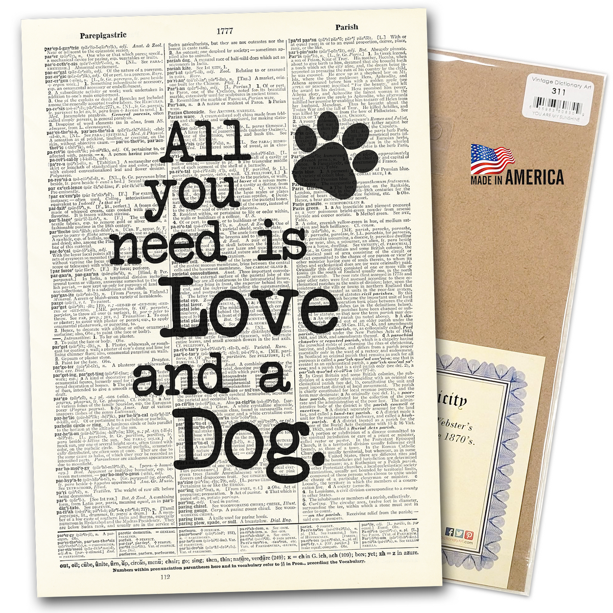 Vintage Art Dictionary Page - Love and a Dog