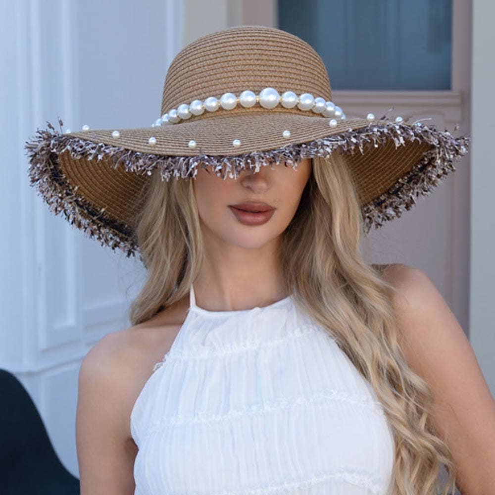 Pearl Trim Band Frayed Edge Wide Brim Straw Sun Hat