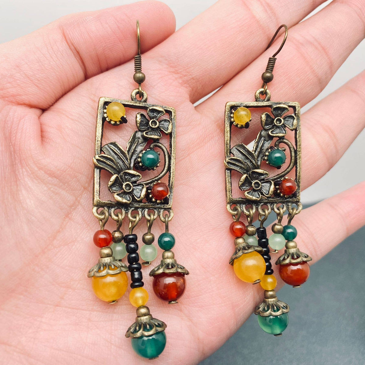 Chinoiserie Agate Glass Beaded Flower Dangle Earrings - CS