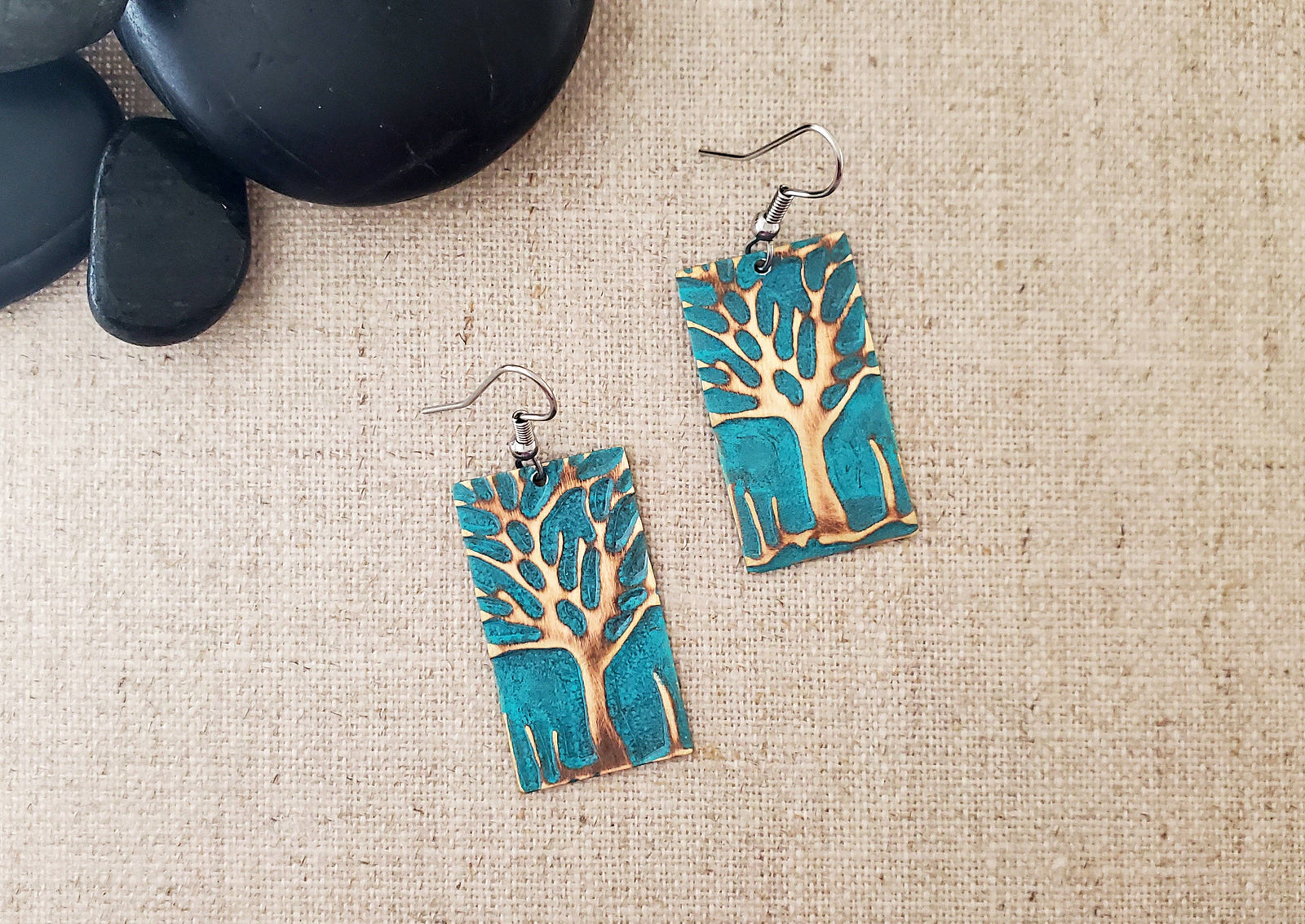 Medium Rectangle Embossed Tree Paint Patina Earrings
