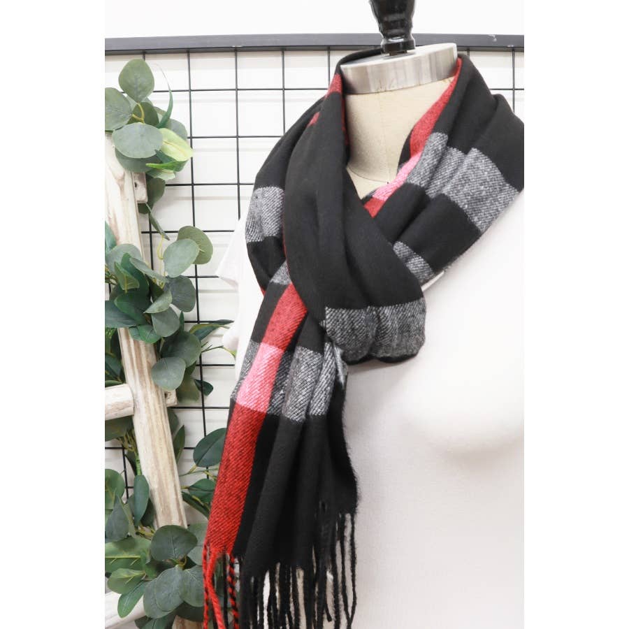 Plaid Cashmere Scarf With Tassel: BLACK
