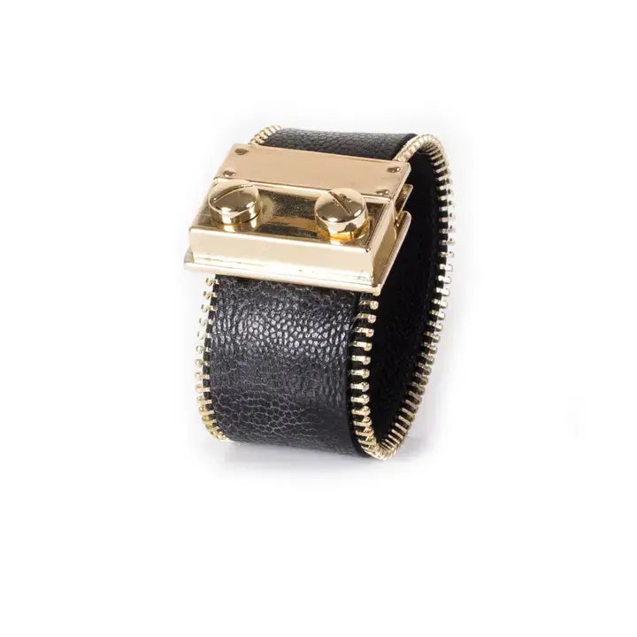 Bold Zip-Edge Leather Cuff Bracelet  Black &amp; Gold Hardware