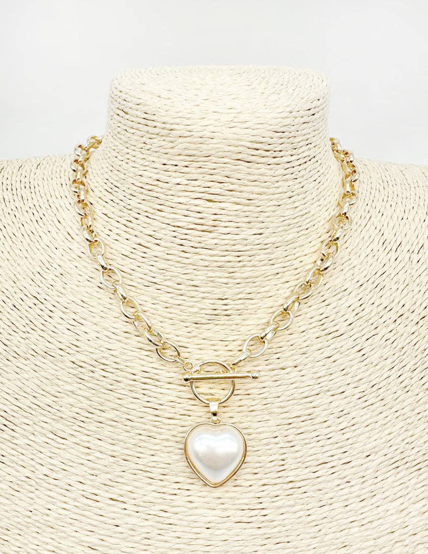 Gold Open Chain with Toggle and Pearl Heart 18" Necklace