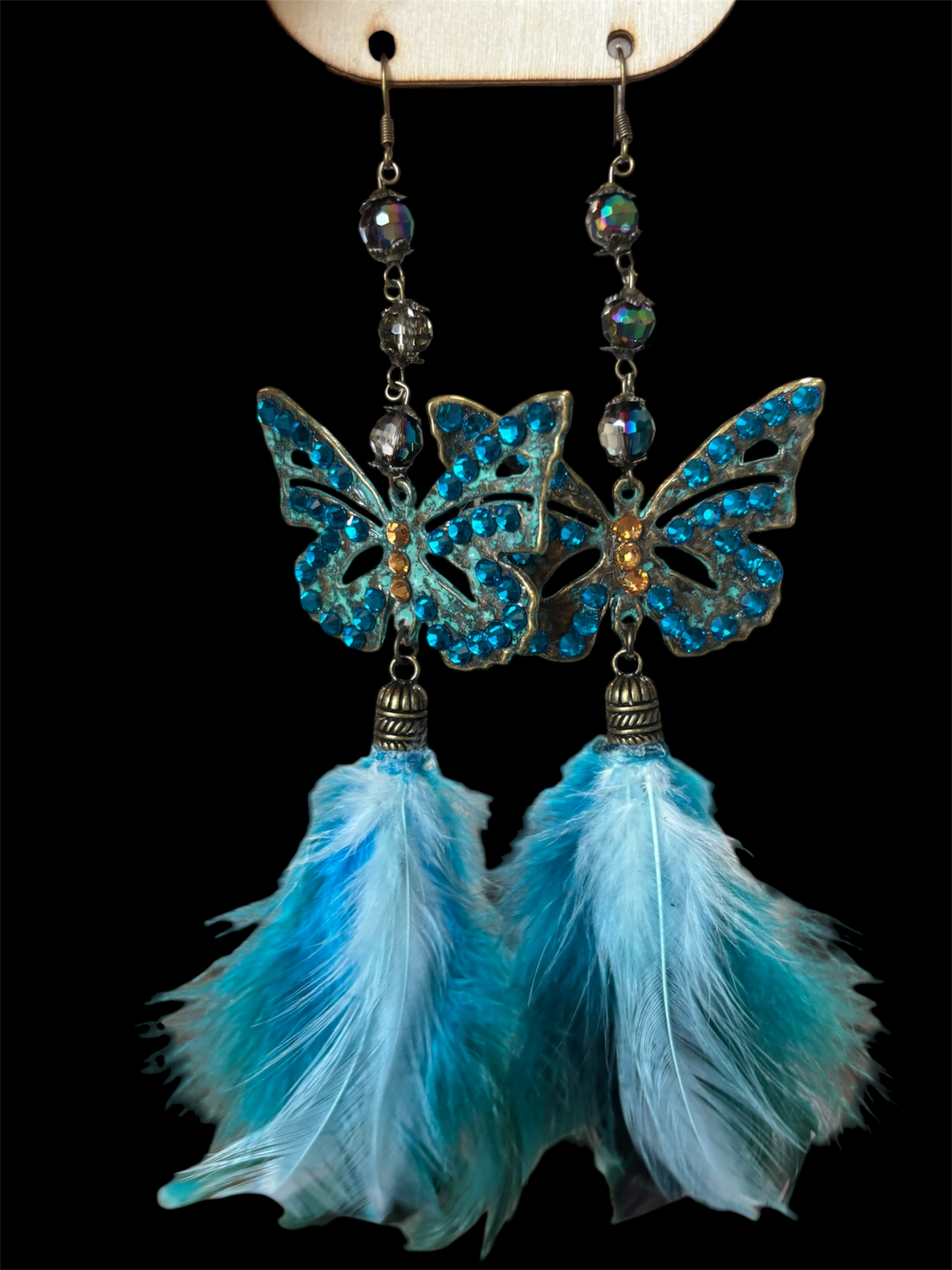 Blue Crystal Butterfly Feather Earrings