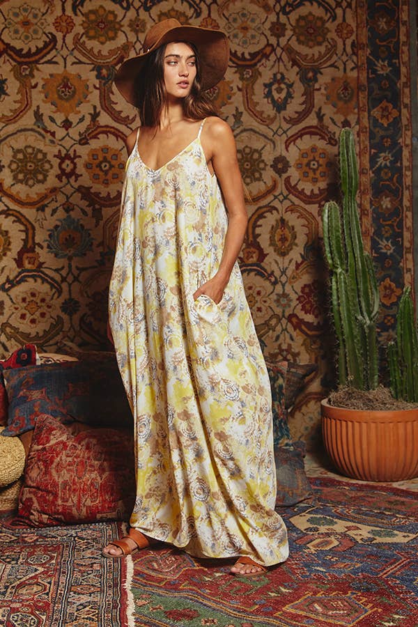 Tie Dye Print Flowing Maxi Slip Dress: YELLOW MULTI
