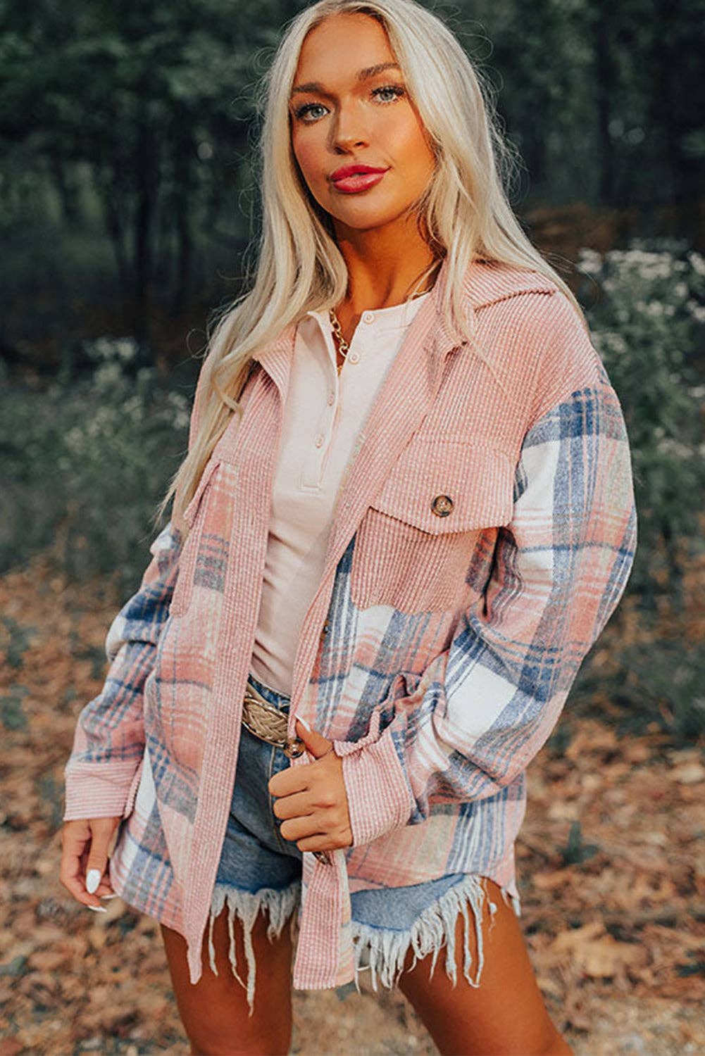 Plaid Corduroy Patchwork Chest Pocket Shacket: Light Pink