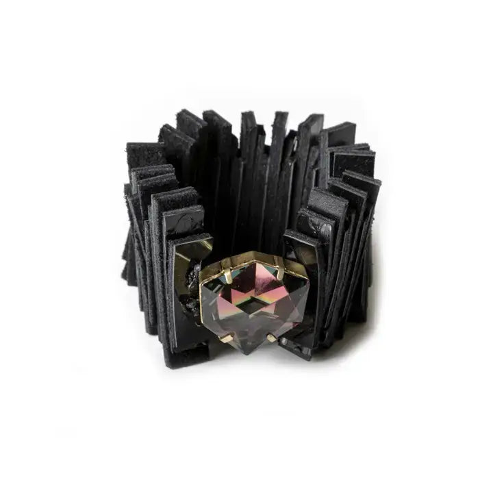 Women’s Black Leather Statement Cuff with Geometric Design