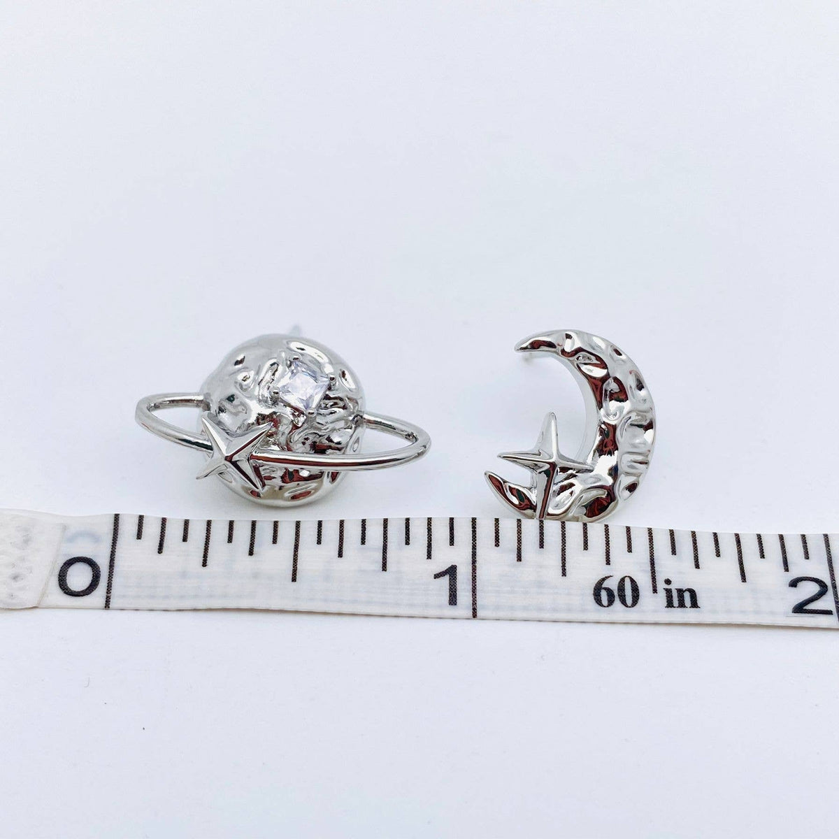 Silver Color Planet Moon Stars Asymmetric Ear Studs