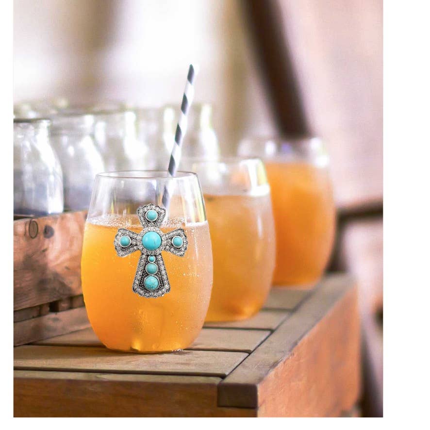 Turquoise Cross Jeweled Stemless Wine Glass