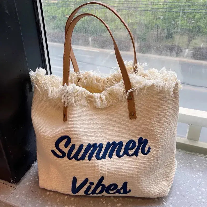 Large Embroidered Tote Bag: Off-White