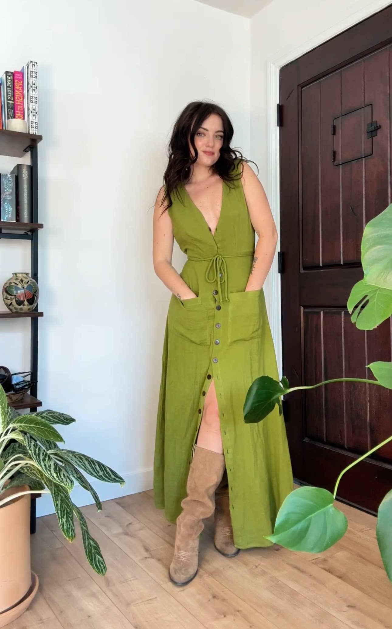 ORGANIC Cottage Core Style Bamboo Button Down Dress, Duster: Golden Cyprus/ Green / Regular