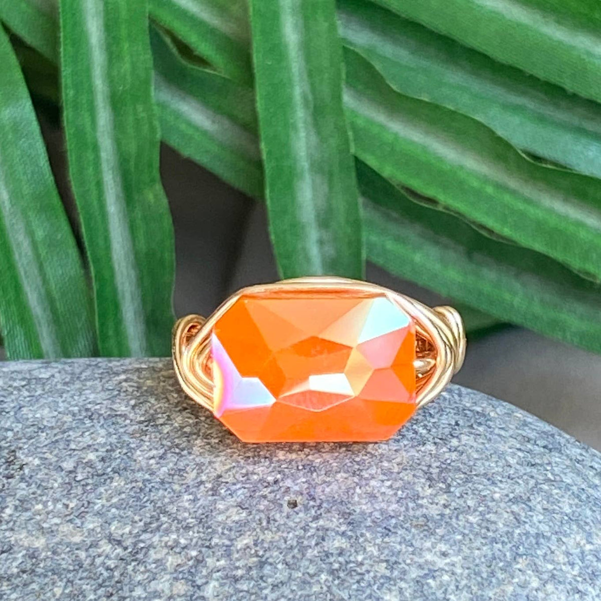 ORANGE - Gold Wire Wrapped Ring Faceted Orange Crystal Statement Ring: Gold