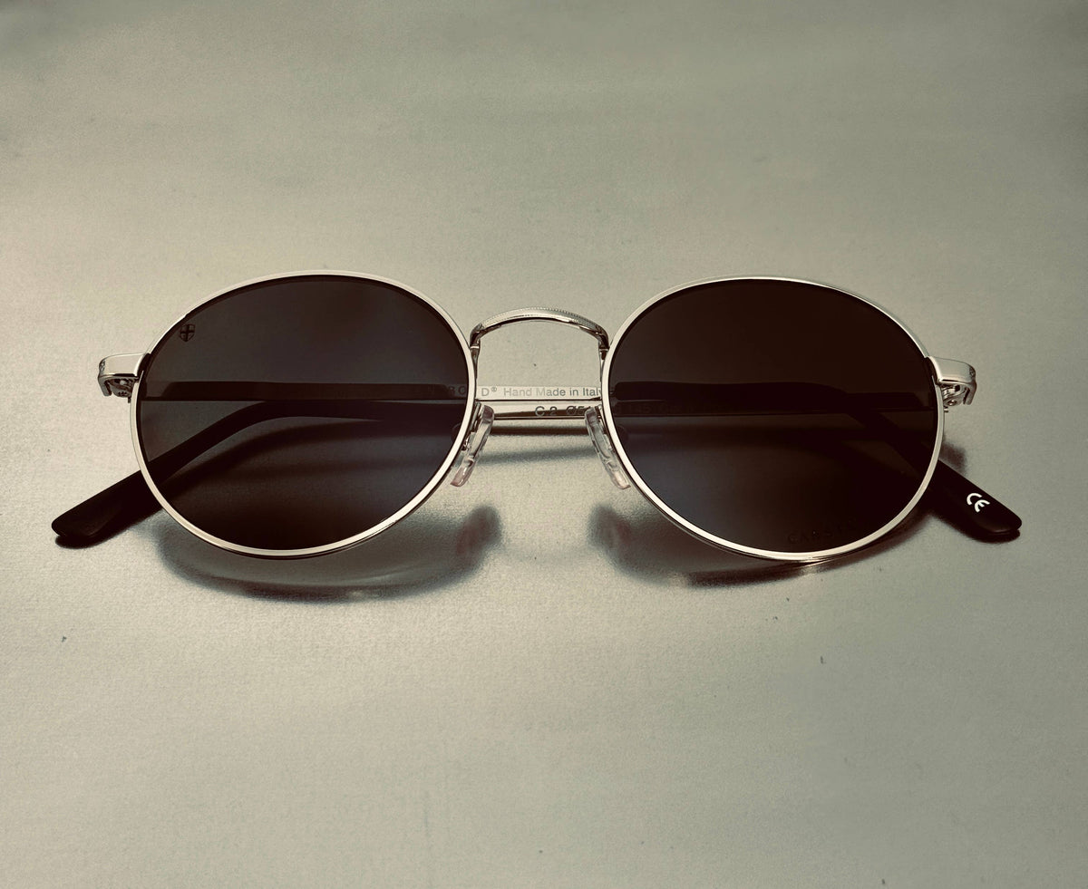 Baptiste Black Stainless Steel Sunglasses, Handmade in Italy: Silver Frame/Black Lenses or Gold Frame/Green Lenses