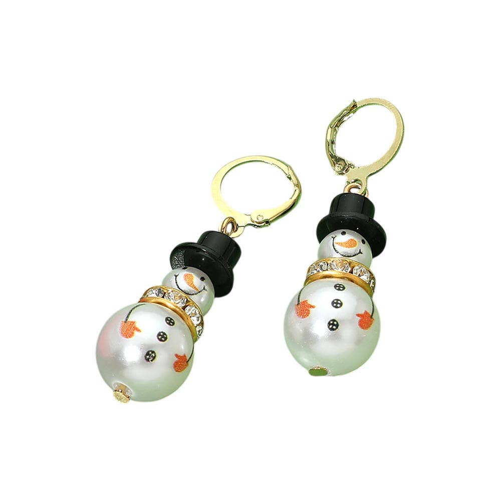Pearly Snowman Charm Drop Dangle Huggie Hoop Earrings