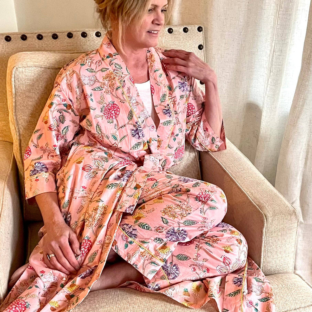 Bali resort cotton robe and pajama pants set - Peach Floral: One size / Cotton