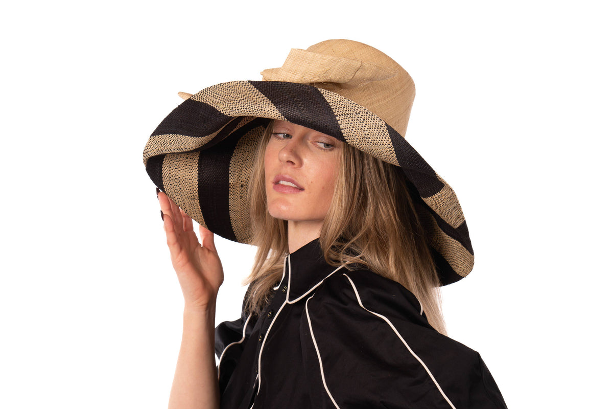 Audrey 5" Wide Brim Big Bow Stripe Straw Sun Hats